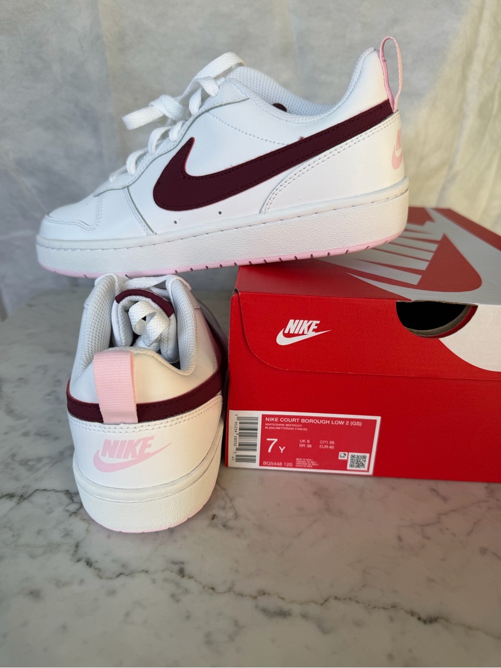 Nike Court Borough Low 2 - White with Burgundy & Pink Accents 7Y 8.5W